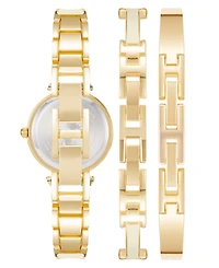 Anne Klein Women's Gold-Tone Alloy Bangle with White Enamel and Crystal Accents Fashion Watch 33mm Set 3 Pieces