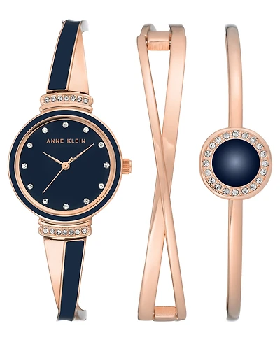 Anne Klein Women's Rose Gold-Tone Alloy Bangle with Navy Enamel and Crystal Accents Fashion Watch 33mm Set 3 Pieces