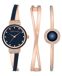 Anne Klein Women's Rose Gold-Tone Alloy Bangle with Navy Enamel and Crystal Accents Fashion Watch 33mm Set 3 Pieces