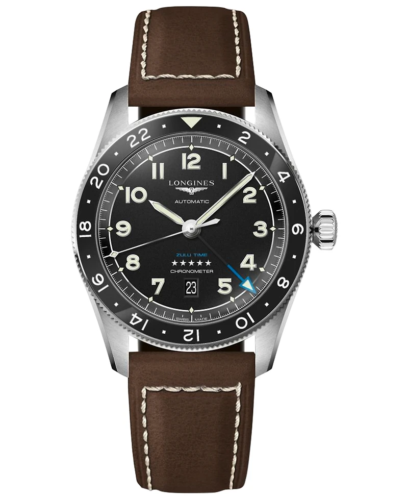 Longines Men's Swiss Automatic Spirit Zulu Time Leather Strap Watch 42mm