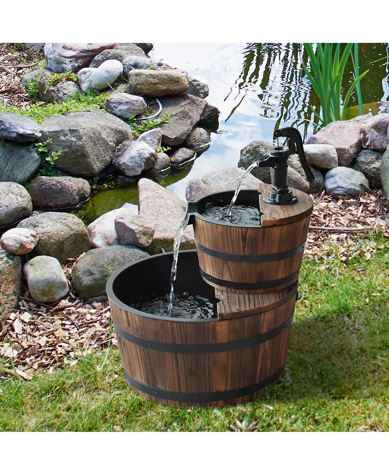 Outsunny 2 Tier Fountain Rustic Wood Barrel Water Fountain w/ Pump Garden Decor
