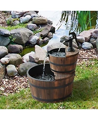 Outsunny 2 Tier Fountain Rustic Wood Barrel Water Fountain w/ Pump Garden Decor