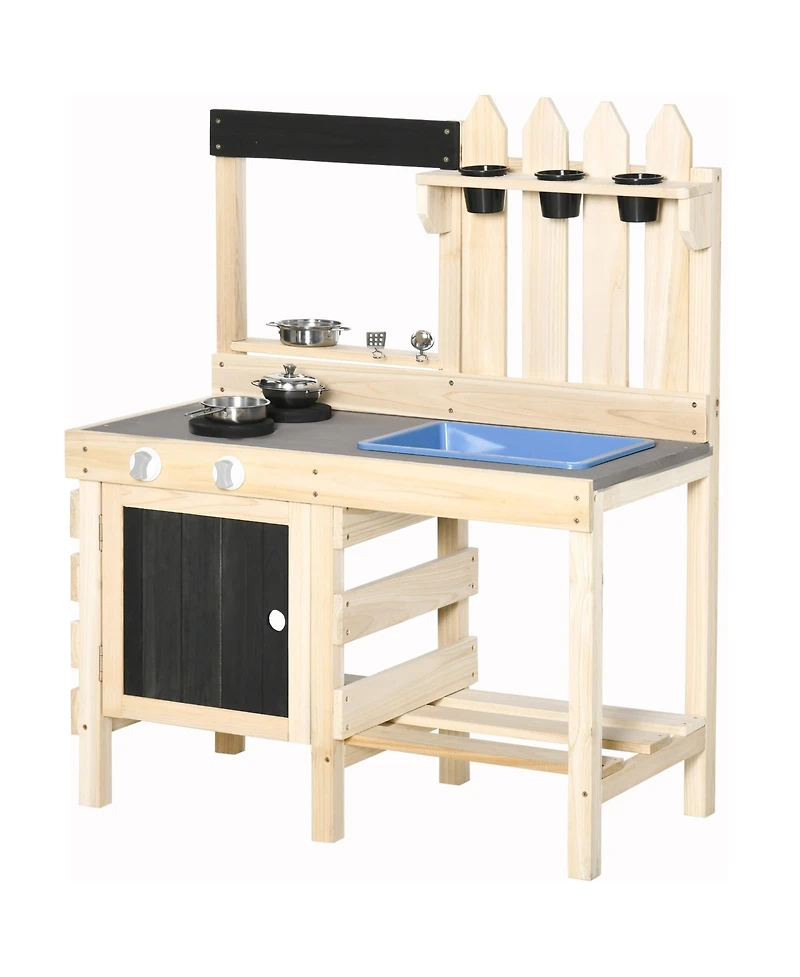 Outdoor Play Wooden Kitchen Set with Sink, Toy Pots, Pans, Spoon