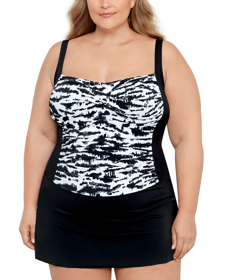 Swim Solutions Plus Size Tummy Control Twist Bra Skater Swimsuit, Created For Macy's
