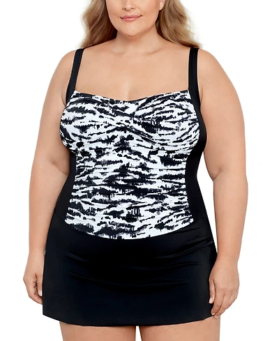 Swim Solutions Plus Size Tummy Control Twist Bra Skater Swimsuit, Created For Macy's