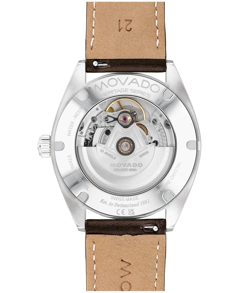 Movado Men's Heritage Datron Swiss Automatic Chocolate Genuine Leather Strap Watch 40mm