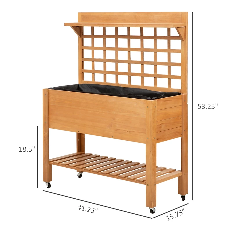 Outdoor Wooden Elevated Plant Bed w/ Shelves for Tool Storage & Wheels