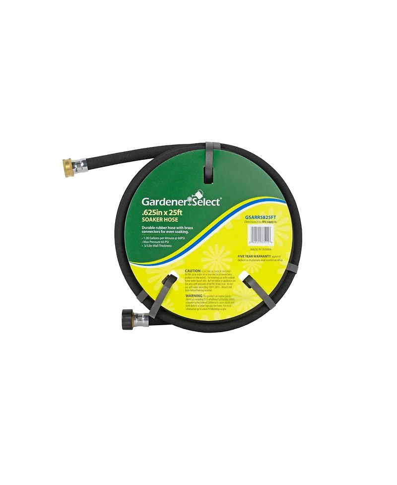 Gardener Select Rubber Garden Soaker Hose Brass Connectors, Black, .62 Inches x 25 Ft