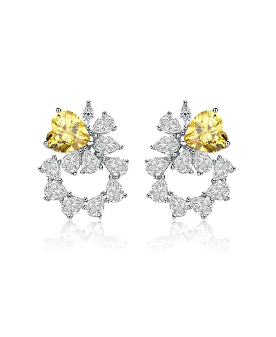 Sterling Silver Rhodium Plated Yellow Cubic Zirconia Floral Stud Butterfly Earrings