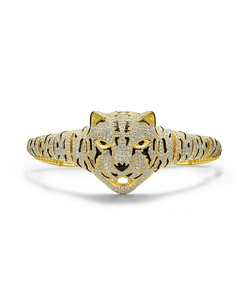 14k Yellow Gold Plated with Cubic Zirconia Leopard Bangle Bracelet in Sterling Silver