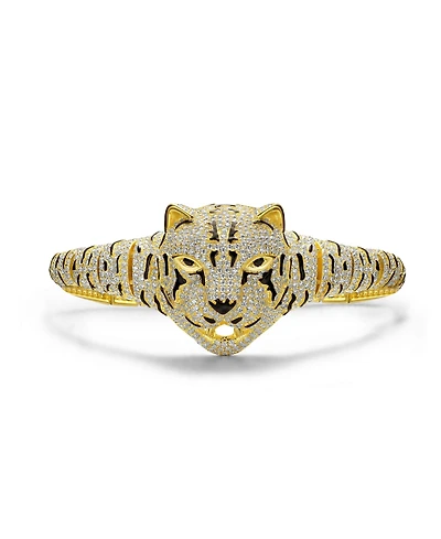 14k Yellow Gold Plated with Cubic Zirconia Leopard Bangle Bracelet in Sterling Silver