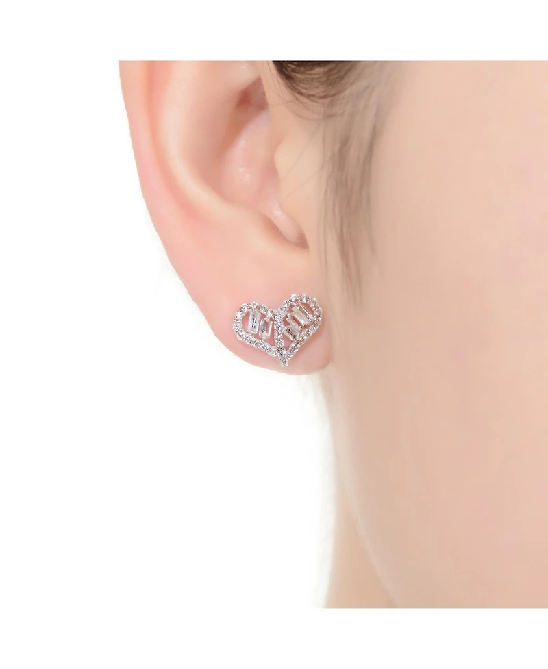 Sterling Silver with Rhodium Plated Clear Baguette and Round Cubic Zirconia Heart Stud Earrings