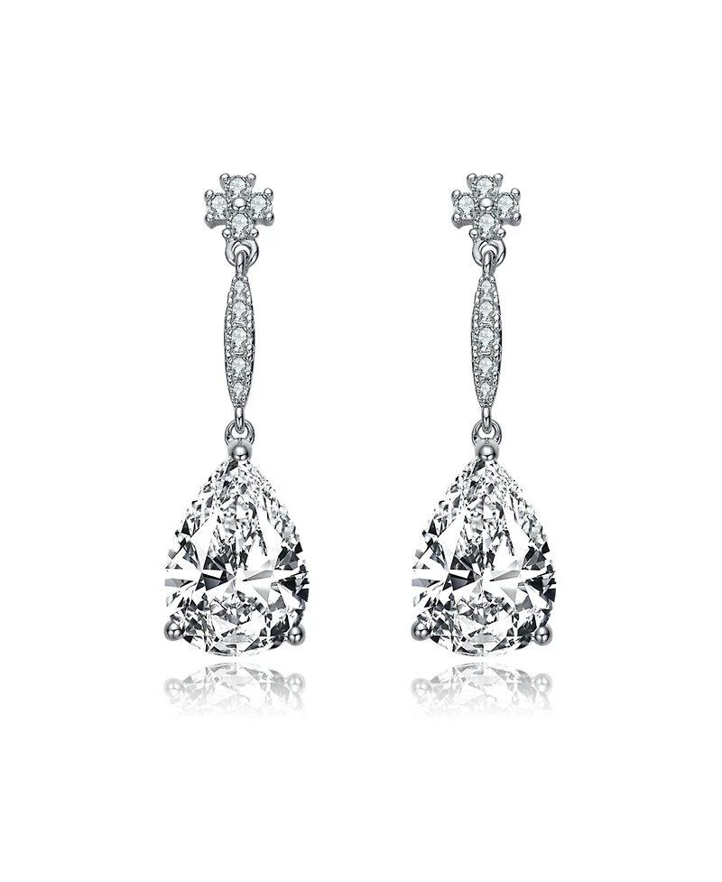 Sterling Silver with Rhodium Plated Clear Pear Cubic Zirconia Solitaire with Accent Drop Earrings