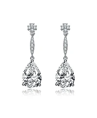 Sterling Silver with Rhodium Plated Clear Pear Cubic Zirconia Solitaire with Accent Drop Earrings