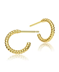 Sterling Silver 14K Gold Plated Clear Cubic Zirconia Ribbed Open Hoop Post Earrings