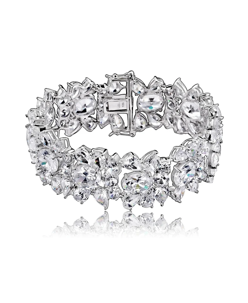 Genevive Exquisite Rhodium-Plated Sterling Silver Flower Bracelet with Cubic Zirconia