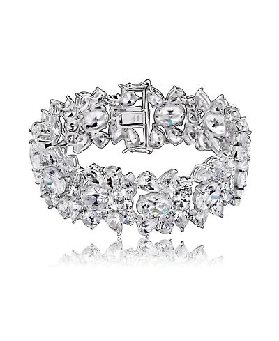 Genevive Exquisite Rhodium-Plated Sterling Silver Flower Bracelet with Cubic Zirconia