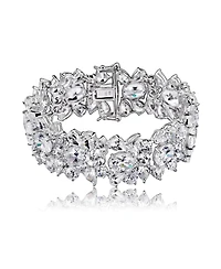 Genevive Exquisite Rhodium-Plated Sterling Silver Flower Bracelet with Cubic Zirconia