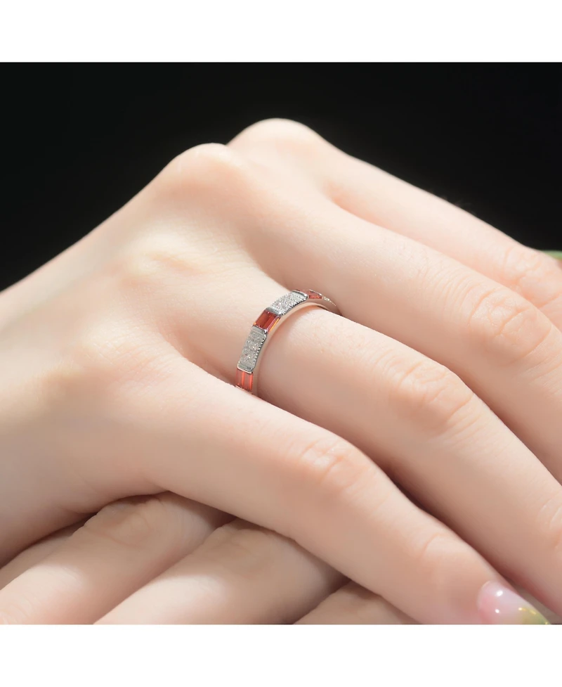 Sterling Silver White Gold Plated with Red Baguette & Round Cubic Zirconia Eternity Band Stacking Ring