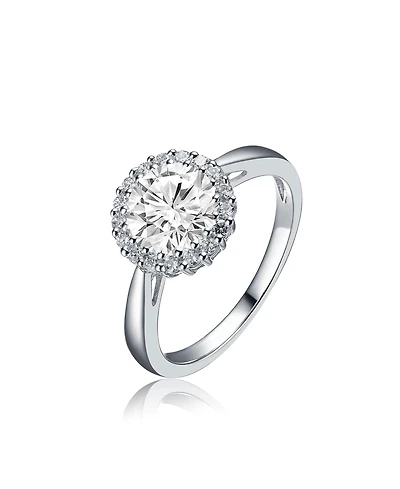 Sterling Silver White Gold Plated Halo Round Clear Cubic Zirconia Solitaire Ring