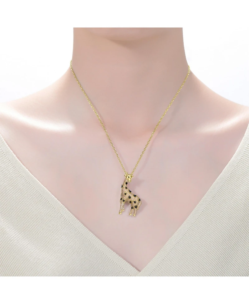 14K Gold Plated with Champagne and Black Cubic Zirconia Iced Out Giraffe Pendant in Sterling Silver