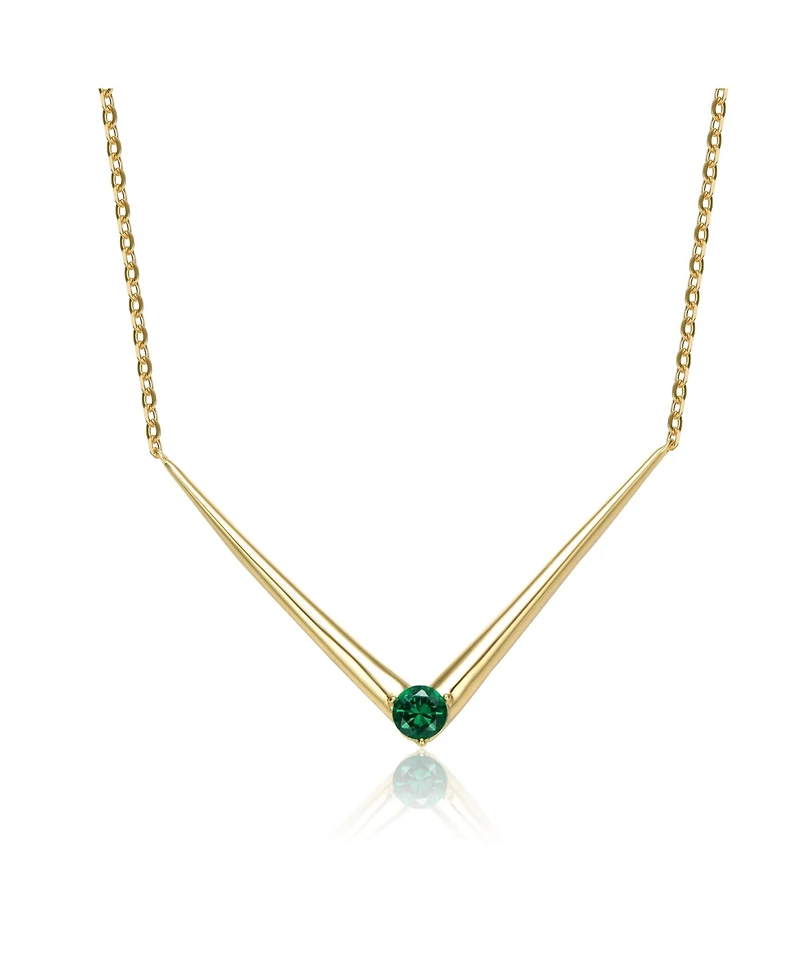 14k Yellow Gold Plated with Green Cubic Zirconia Solitaire Chevron Layering Necklace Sterling Silver