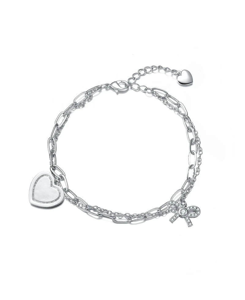 Sterling Silver with Rhodium Plated Heart Paper Clip Chains Bracelet