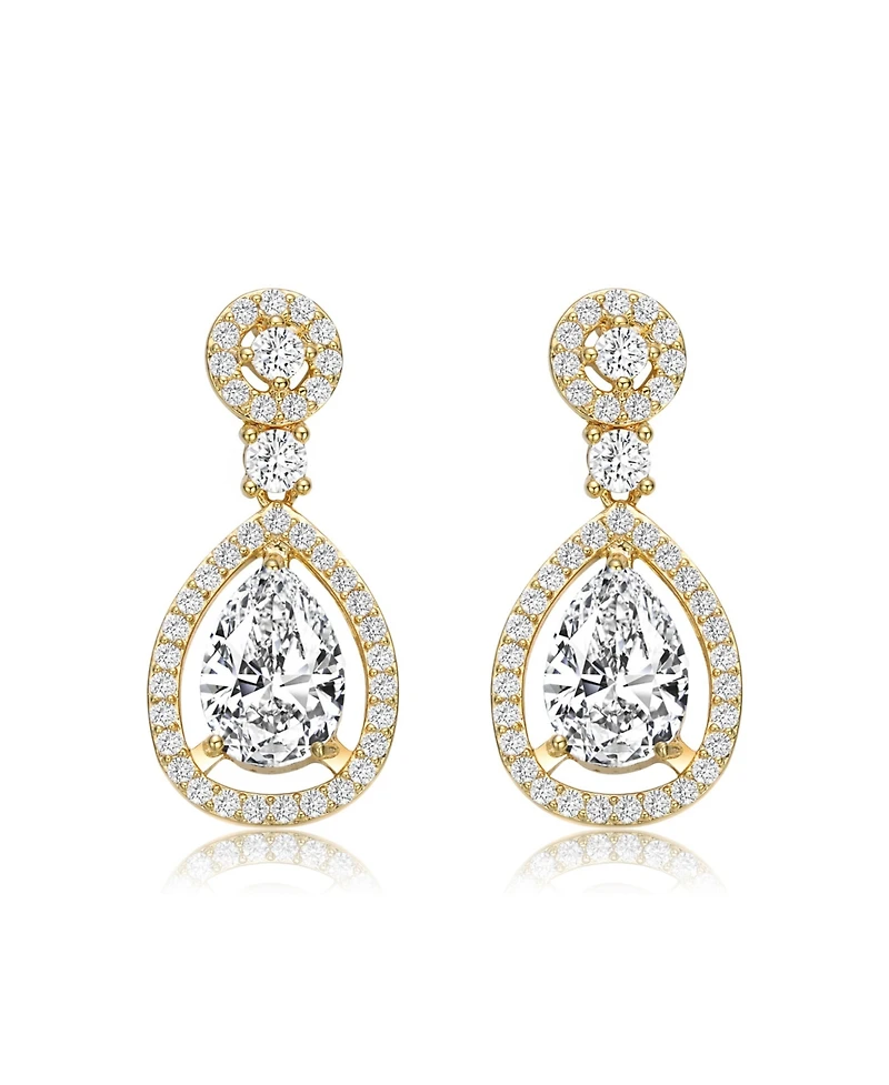 Sterling Silver with 14K Gold Plated Clear Round Cubic Zirconia Pear Drop Earrings