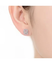 Sterling Silver with Rhodium Plated Clear Green and Round Cubic Zirconia Halo Stud Earrings