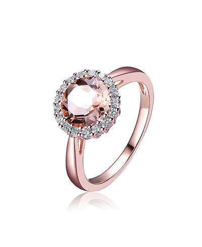Sterling Silver with Rose Gold Plated Halo Round Pink Cubic Zirconia Solitaire Ring