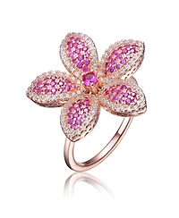 Sterling Silver 18K Rose Plated Clear and Red Cubic Zirconia Flower Coctail Ring