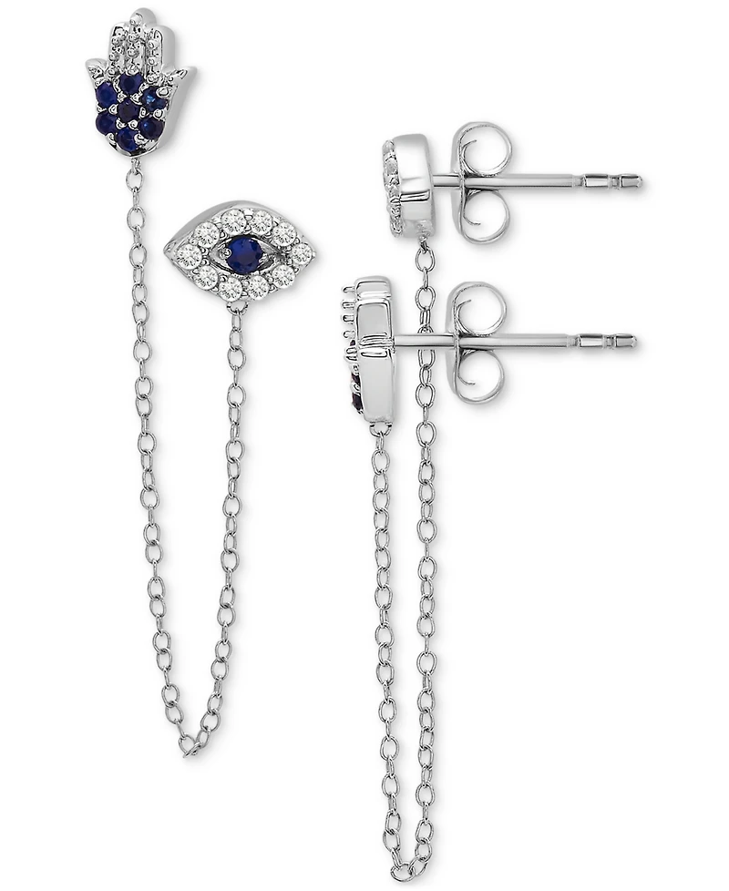 Lab-grown Blue Sapphire (1/4 ct. t.w.) & Lab-grown White Sapphire (1/4 ct. t.w.) Evil Eye & Hamsa Hand Double Pierced Chain Earrings in Sterling Silve