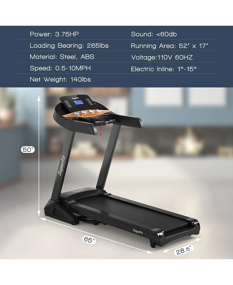 3.75HP Electric Folding Treadmill W/Auto Incline 12 Program App Control
