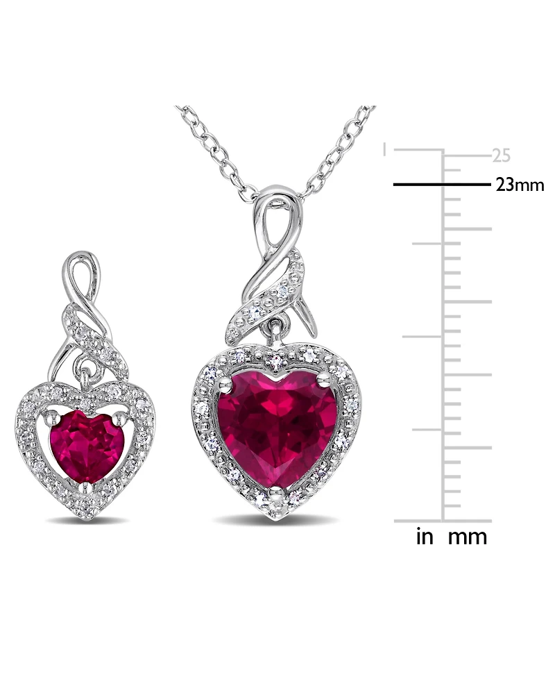 2-Pc. Set Lab-Grown Ruby (4 ct. t.w.) & Diamond (1/4 ct. t.w.) Heart Halo Pendant Necklace and Matching Drop Earrings in Sterling Silver