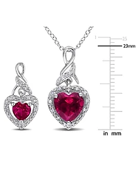 2-Pc. Set Lab-Grown Ruby (4 ct. t.w.) & Diamond (1/4 ct. t.w.) Heart Halo Pendant Necklace and Matching Drop Earrings in Sterling Silver