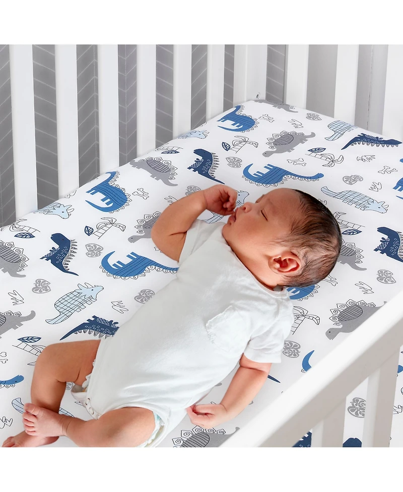 Lambs & Ivy Baby Dino 100% Cotton Blue/White/Gray Dinosaur Fitted Crib Sheet