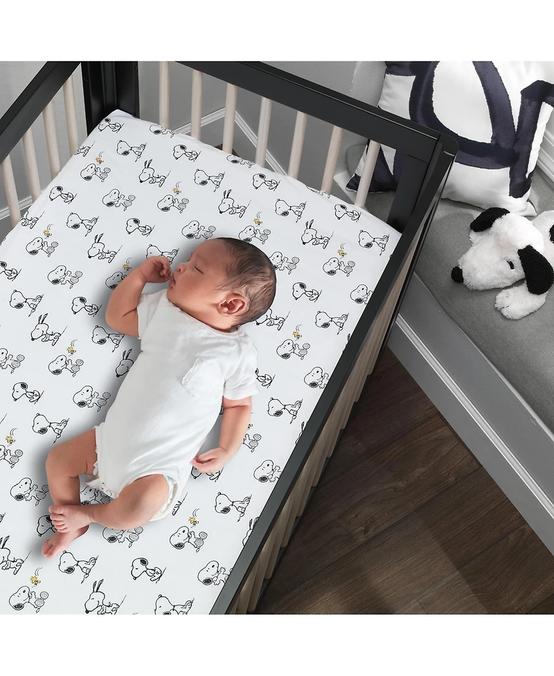 Lambs & Ivy Baby Classic Snoopy 100% Cotton White/Black Fitted Crib Sheet