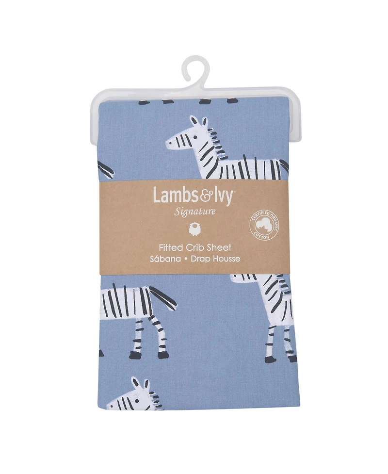 Lambs & Ivy Signature Zebra Blue Organic Cotton Breathable Fitted Crib Sheet