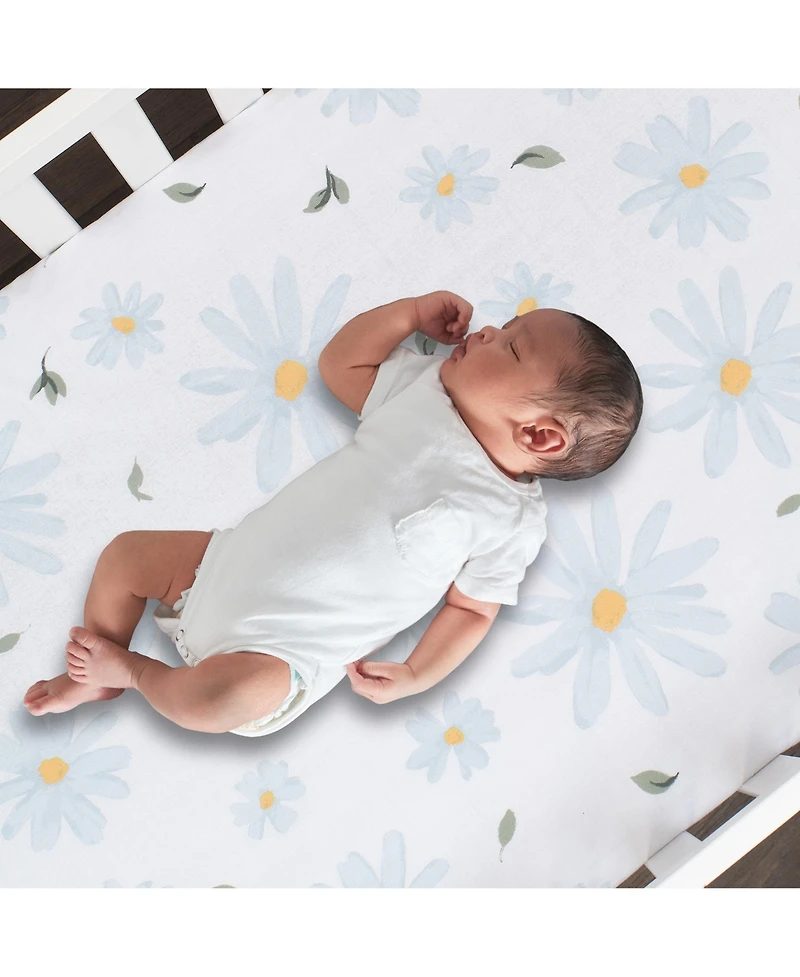 Lambs & Ivy Sweet Daisy 100% Cotton White/Blue Floral Baby Fitted Crib Sheet