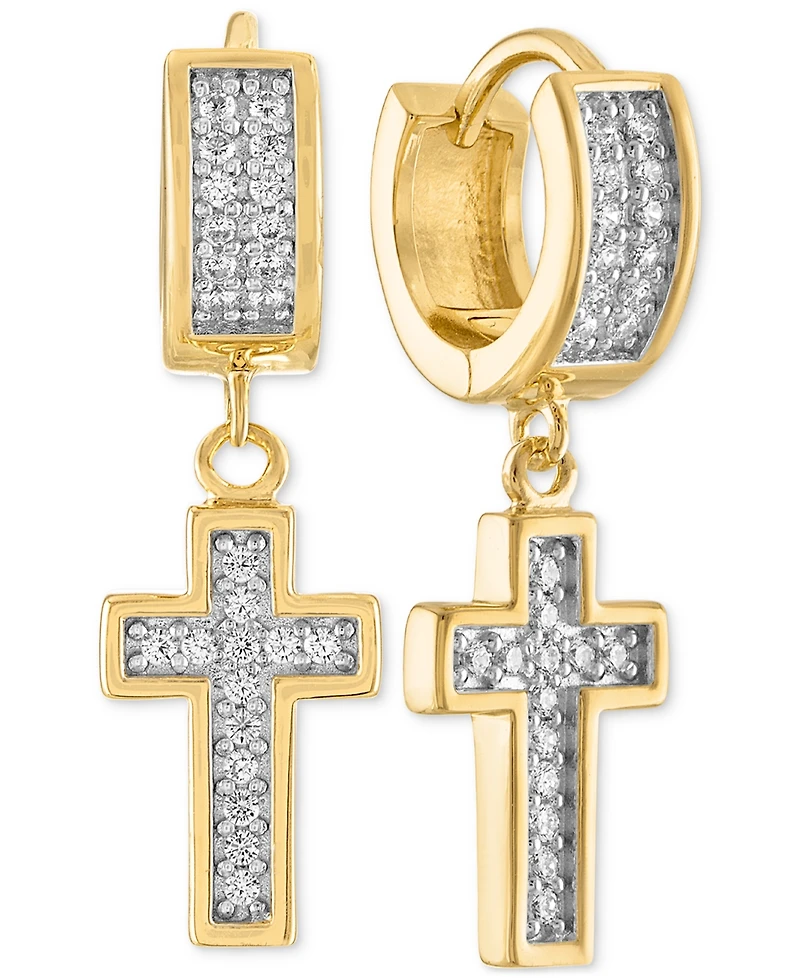 Esquire Men's Jewelry Cubic Zirconia Cross Dangle Huggie Hoop Earrings in 14k Gold-Plated Sterling Silver, Created for Macy's