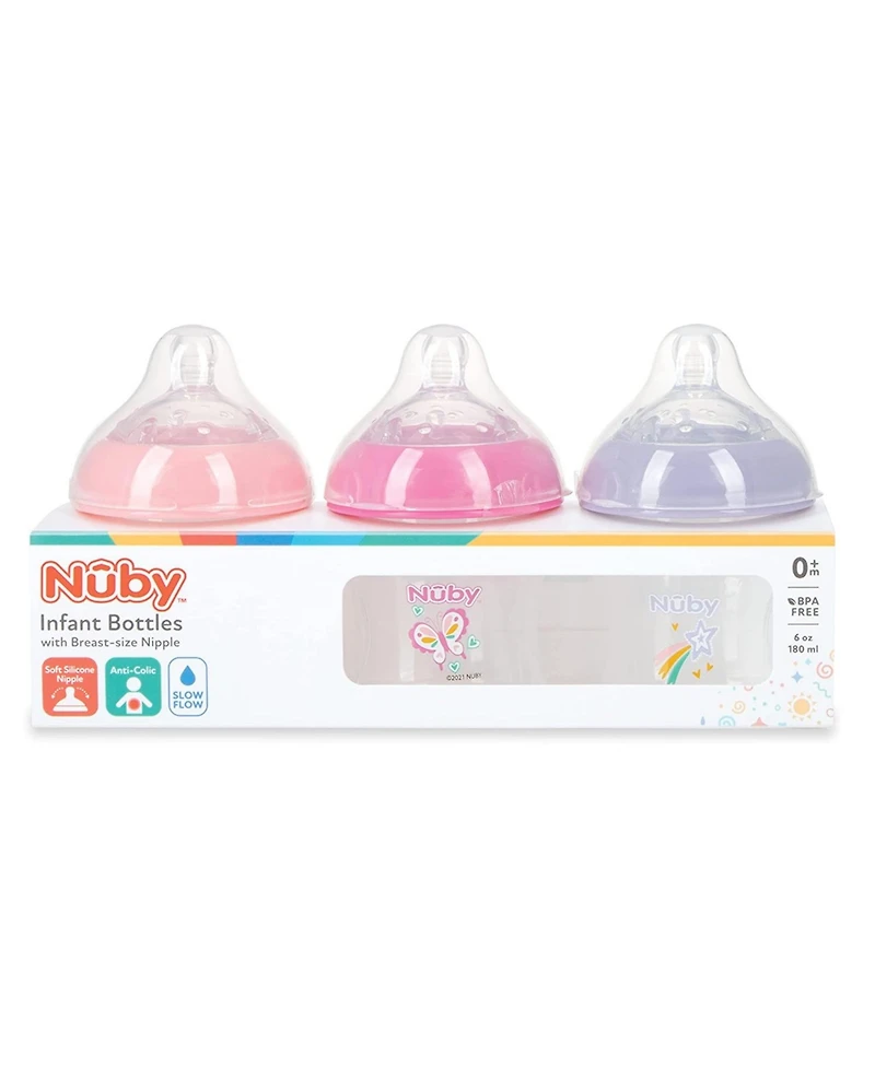 Nuby Baby Baby Bottles with Slow Flow Nipple, 3 Pack, 6oz