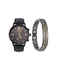 Jones New York Men's Analog Black Polyurethane Strap Watch, 42mm and Bracelet Set