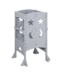 Qaba Wooden Kitchen Step Stool for Kids, Foldable Toddler Tower, Helper Stool for Kitchen Counter with Support Handles Safety Rail, Gray