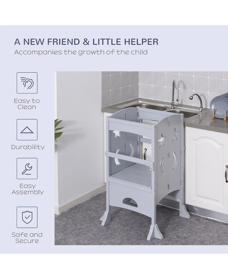 Qaba Wooden Kitchen Step Stool for Kids, Foldable Toddler Tower, Helper Stool for Kitchen Counter with Support Handles Safety Rail, Gray