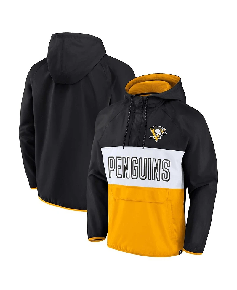 Men's Fanatics Black, Gold Pittsburgh Penguins Backhand Shooter Defender Anorak Raglan Hoodie Quarter-Zip Jacket