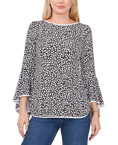 Sam & Jess Women's Printed Crewneck 3/4-Bell-Sleeve Blouse