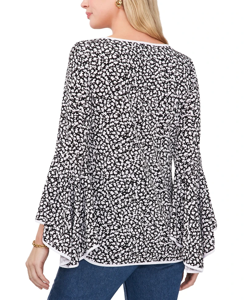 Sam & Jess Women's Printed Crewneck 3/4-Bell-Sleeve Blouse