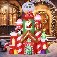 Outsunny 10ft Christmas Inflatables Outdoor Decorations Candy Castle, Blow-Up Led Yard Christmas Decor, Built-in Rotating Colorful Light for Party