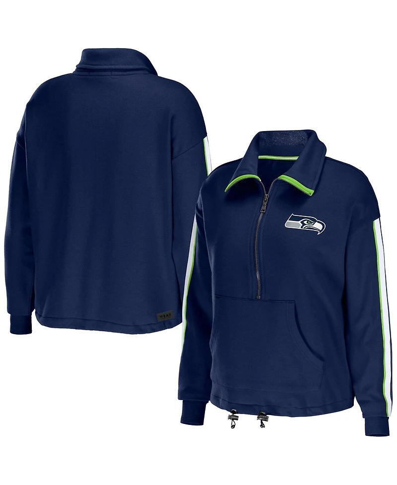 Women's Wear by Erin Andrews College Navy Seattle Seahawks Logo Stripe Half-Zip Top