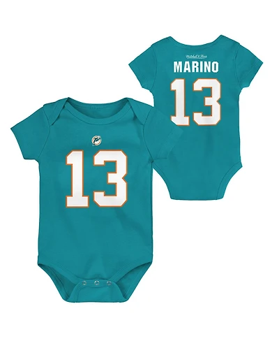 Newborn and Infant Boys Girls Mitchell & Ness Dan Marino Aqua Miami Dolphins Retro Name Number Bodysuit
